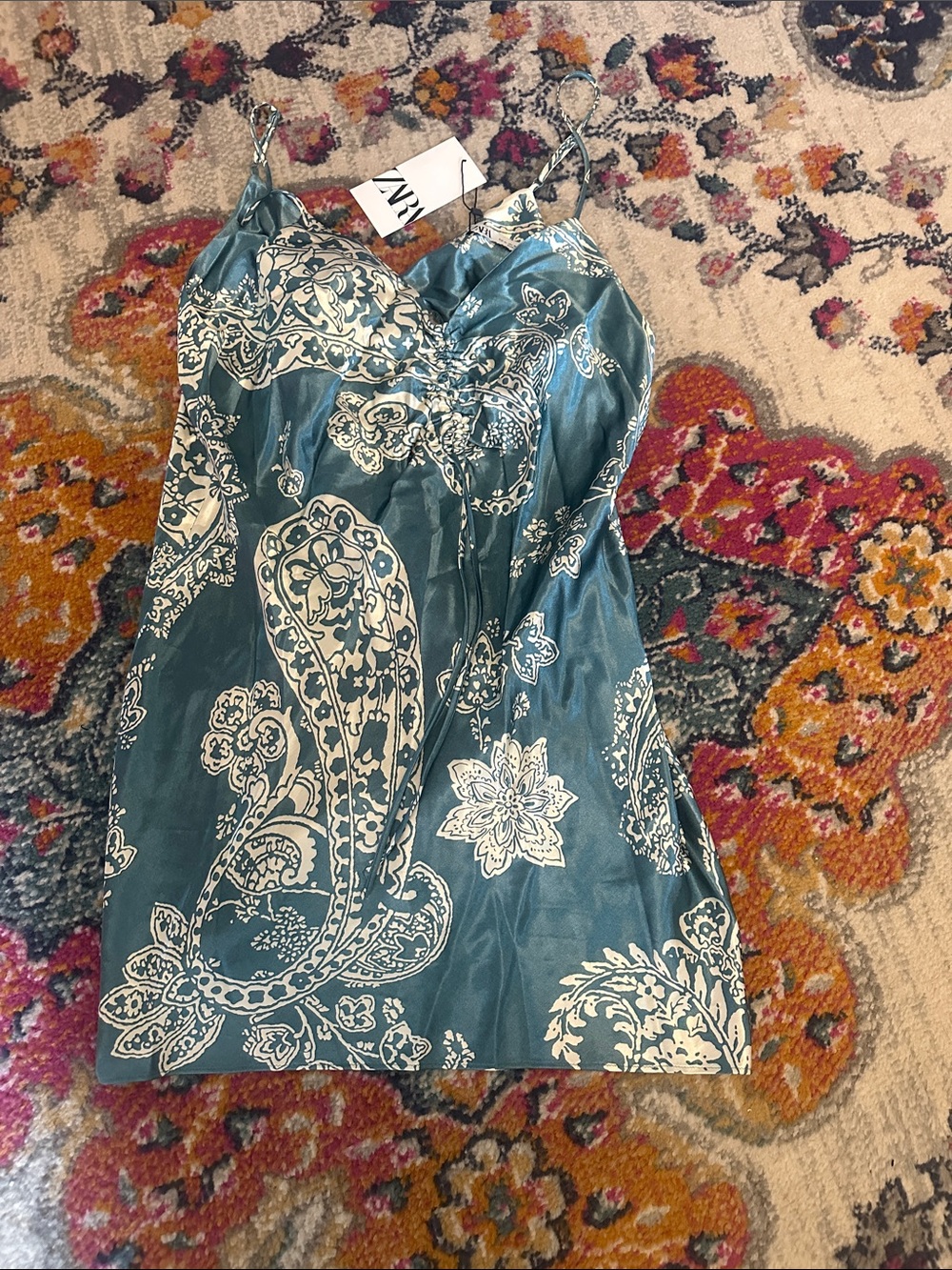 NWT Zara Teal Satin Paisley Print Shirt/Dress